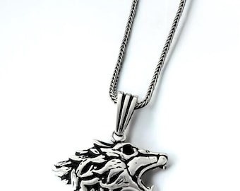 Collana Uomo Con Ciondolo Testa Di Lupo In Acciaio Al Titanio - Catena 70 Cm, Gioiello Regalo Per Lui, Antiruggine