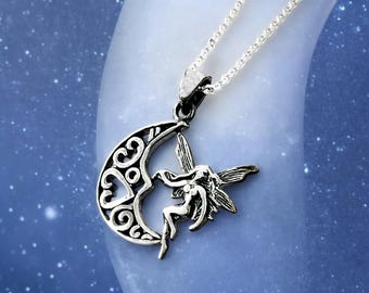 Sterling Silver Fairy Moon Necklace, Handmade Celestial Jewelry