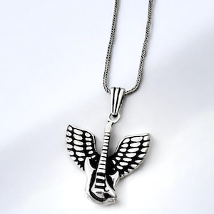 925 Silver Handmade Electronic Guitar Necklace,Angel Wing Design Guitar Rock N Roll Men&#39;s Guitar Necklace - Music Jewelry,Gift for Guitarist