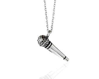 925 Silver Microphone Necklace, Silver Microphone Pendant, Silver Microphone Charm, Perfect Gift for Musicians and Singers