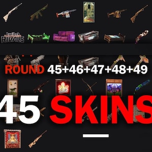Pode incluir: Uma coleção de 45 skins, incluindo armas, móveis e outros itens, é apresentada em um fundo escuro. O texto "ROUND 45+46+47+48+49" e "45 SKINS" são exibidos em vermelho.