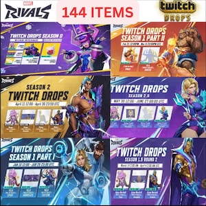 May include: A digital collage displaying Marvel Rivals Twitch Drops promotional banners across multiple seasons. The graphic features various character illustrations, event dates, and reward icons labeled 144 ITEMS, showcasing seasonal content updates.
