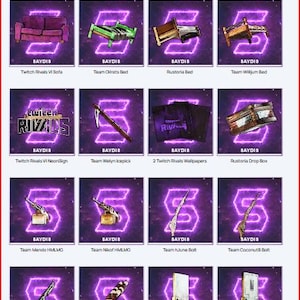 Op de afbeelding: Een raster van productafbeeldingen met een paars en wit thema. De afbeeldingen bevatten meubels, wapens en andere items, elk met een uniek ontwerp. Tekst bevat "45 round - Team Battle VI (17 skins)" en "Twitch Rivals".