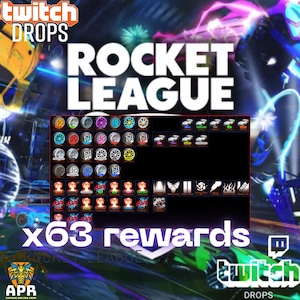 May include: A promotional image for Rocket League featuring the game's logo and a display of in-game rewards. The image includes the text "Twitch Drops" and "x63 rewards", along with the Twitch logo and APR Gaming Online Shop logo.