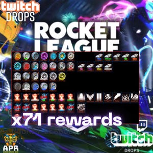 Puede incluir: Una pantalla digital con Twitch Drops para Rocket League, que muestra una cuadrícula de 71 recompensas que incluyen varias ruedas de coche, carrocerías, efectos de explosión y calcomanías. El gráfico incluye el texto Twitch Drops y x71 rewards.