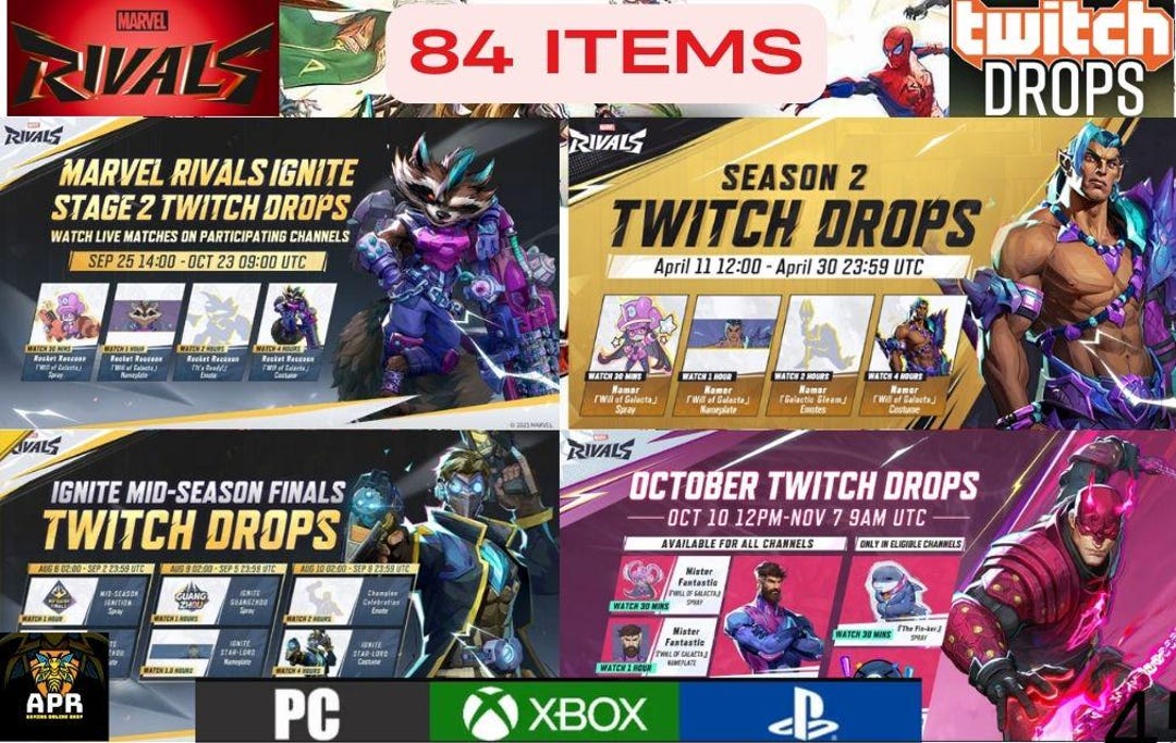 Revive Drop Rivals Marvel Rivals - Twitch Drop - X84 Items (17 Costumes + 67 Plates/sprays ...