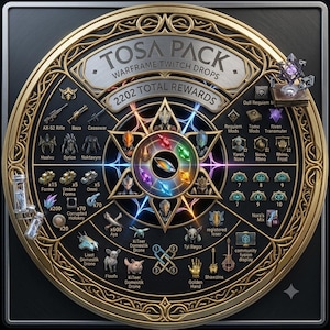 May include: A circular gold-framed digital display titled TOSA PACK WARFRAME TWITCH DROPS 2202 TOTAL REWARDS. The graphic features a central star surrounded by various game icons, weapons, character skins, and resources arranged in a radial layout.