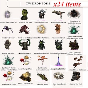 Op de afbeelding: Een raster van 24 items uit het spel Path of Exile, waaronder portalen, herten, mantels en unieke effecten. De tekst bovenaan luidt "TW DROP POE 2 x24 items".