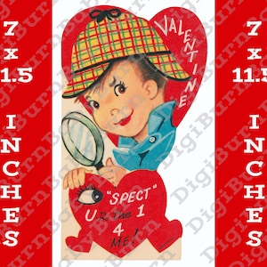 Tarjeta de San Valentín enorme con detectives, archivo digital, imagen JPEG retro de San Valentín de los años 50 de alta resolución y 300 ppp, póster vintage imprimible de 8,3" x 10,5"