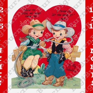 Cowboy cowgirl grote Valentijnsdag kaart digitaal bestand, retro hoge resolutie 300 DPI jaren 1950 Big Valentine JPEG-afbeelding, vintage afdrukbaar 12,5 x 15 inch