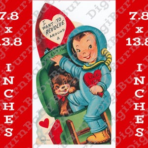 Tarjeta de San Valentín con diseño de nave espacial, archivo digital, imagen JPEG retro de San Valentín de los años 50 de alta resolución y 300 DPI, póster vintage grande para imprimir de 7,8" x 13,8"