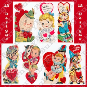 Paquete de archivos digitales de tarjetas nostálgicas para el día de San Valentín, 13 imágenes JPEG retro de San Valentín de los años 50 de alta resolución y 300 DPI, escaneos vintage listos para imprimir