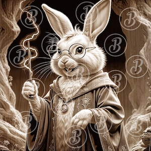Hare Potter Laser Wood Burning PNG, File di progettazione digitale del coniglio mago, Illusione 3D, Laser Ready, Regalo primaverile rustico e carino, Coniglietto pasquale magico