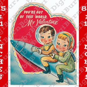 Groot Rocket Ship Valentijnsdag kaart digitaal bestand, retro hoge resolutie 300 DPI jaren 1950 Big Valentine jpeg-afbeelding, vintage afdrukbaar 8,5 x 11 inch