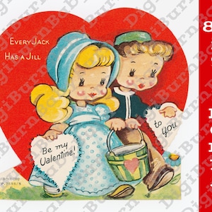 Tarjeta de San Valentín grande de Jack y Jill, archivo digital, imagen JPEG retro de alta resolución de 300 ppp de los años 50, imprimible vintage de 23 x 22 cm