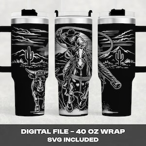 40 oz Handled Tumbler Wrap SVG – Cowboy Steer Roping Rodeo Design – Western Laser Engraving File