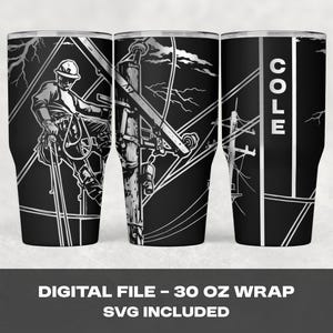 Accessoire Lineman 30 oz Tumbler Wrap SVG - Blaue Kragen Laser Gravur Design - Power Line Worker Cup Wrap Datei