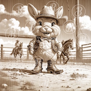 Cowboy Easter Bunny Laser Wood Burning PNG, Western Rabbit Digital Design File, Illusione 3D, Laser Ready, Rustico Carino Adorabile Regalo di Primavera