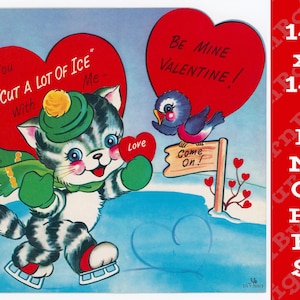 Groot digitaal bestand Valentijnsdag, kat schaatsen 300 dpi jaren 1950 Big Valentine jpeg-afbeelding, vintage klaar om af te drukken enorme scan, 14 x 14 inch