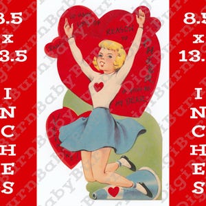 Tarjeta de San Valentín con porristas de gran tamaño, archivo digital, imagen JPEG retro de alta resolución de 300 ppp de la década de 1950, lista para imprimir, 13" x 16"