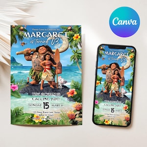Invito di compleanno modificabile per Baby Moana / Invito di compleanno stampabile per Baby Moana / Modello per feste per bambini / Invito in Canva / Download immediato