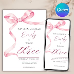 Trendy Pink Bow 3rd Birthday Invitation | Printable Template | Perfect for Any Age | Coquette Style | Editable Pink Bow Birthday Invitation