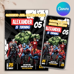 Superheld Geburtstagseinladung bearbeitbare Vorlage, Avengers Superheld digitale Einladung, Superheld Einladungskarte Sofort-Download