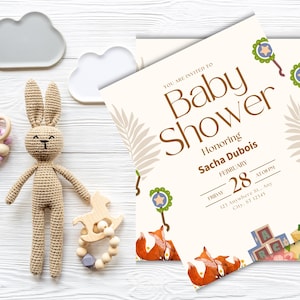 Bruine illustratieve sjabloon voor babyshoweruitnodiging – afdrukbare bewerkbare uitnodiging babyjongen of meisje, bewerkbare bloemenuitnodiging babyshower.