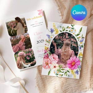 Wildflower Graduation Party Announcement Invitation, Floral Girl Grad Photo Invite, Modern Boho Flower Grad Invite, Editable Canva Template