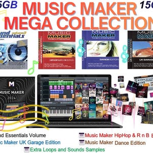 Könnte beinhalten: Werbebild für die "Music Maker Mega Collection" mit Software und Soundbeispielen. Das Bild zeigt einen Laptop mit der Softwareoberfläche, mehrere CD-Hüllen und Buchcover für verschiedene Musikgenres. Der Text enthält "15GB", "Sound Essentials" und "Music Maker."