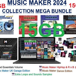 Puede incluir: Imagen promocional del Music Maker 2024 Collection Mega Bundle. La imagen presenta un portátil que muestra una interfaz de producción musical, rodeado de cajas de software y muestras de sonido. El texto "15GB" es visible, junto con el nombre del producto y los títulos de las ediciones.