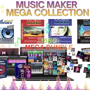 Könnte beinhalten: Eine Sammlung von Musikproduktionssoftware und Ressourcen. Das Bild zeigt den Text "MUSIC MAKER MEGA COLLECTION" und "MEGA BUNDLE". Enthält Softwareboxen, einen Laptop mit einer Musikproduktions-Oberfläche und verschiedene Soundpakete.