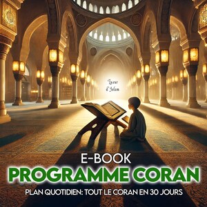 May include: A young person sits in a mosque reading from a Quran, with the text "E-BOOK PROGRAMME CORAN PLAN QUOTIDIEN: TOUT LE CORAN EN 30 JOURS" at the bottom of the image.