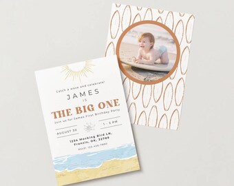 The Big One 1st Birthday Invitation – Editable Canva Template – Surfer Beach Party – 2 Page Printable with Photo Back – Instant Download