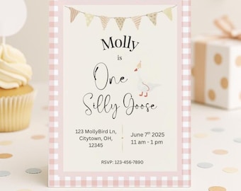 One Silly Goose Birthday Invitation | Editable 1st Birthday Canva Template | Girl Invite