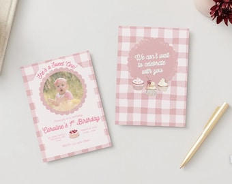 Sweet One First Birthday Invitation – Editable Pink Gingham Cupcake Party Template | Girl 1st Birthday Invite Printable