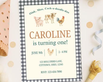 Invitación para primer cumpleaños de animales de granja / Oink Moo Cock-a-doodle-doo / Invitación imprimible de granja