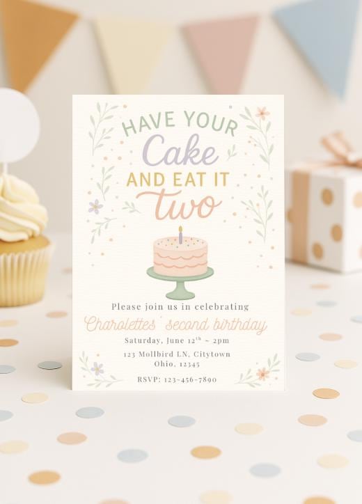 Have Your Cake and Eat It Two – 2nd Birthday Invitation | Editable Digital Template | Pastel Floral Girl Birthday Invite