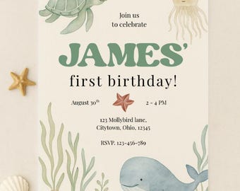Under the Sea 1st Birthday Invitation Template | Ocean Party Invite | Editable Sea Animal Design