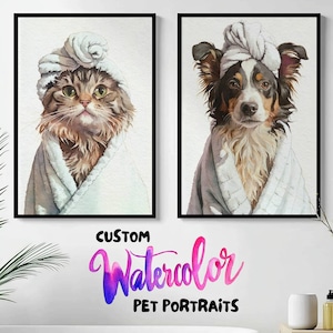 Custom Pet Bathroom Portrait, Dog in Bathrobe, Watercolor Pet Portrait, Funny Bathroom Art, Digital Download, Personalized Dog Lover Gift