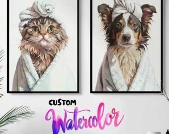 Custom Watercolor Pet Portrait: Funny Dog Bathroom Art (Digital Download)