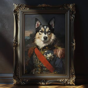 May include: A black and white dog wearing a blue and red military uniform with gold trim and a red sash. The dog is in a gold ornate frame.