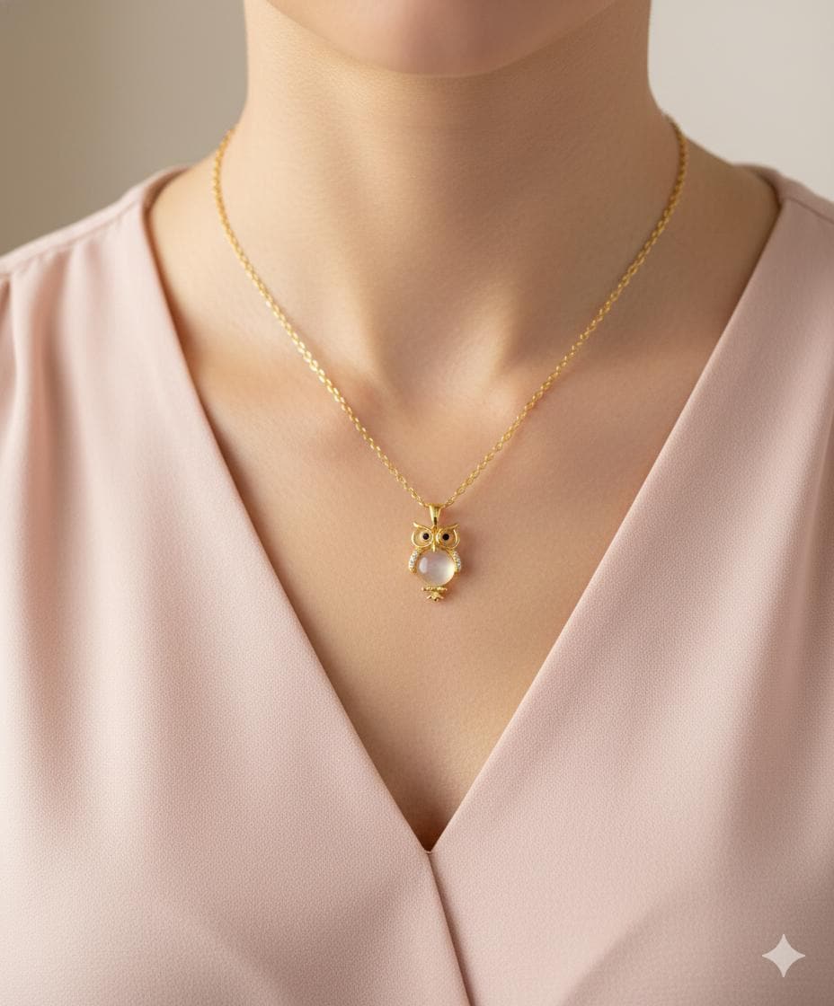 Gold Owl Necklace, Moonstone Pendant, Boho Animal Jewelry