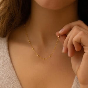 Gold Satellite Chain Necklace, Dainty Beaded Necklace for Women, Minimalist Layering Jewelry, Everyday Gold Choker, Gift for Her