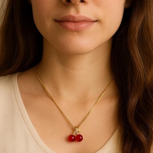 Cherry Pendant Necklace  – Dainty Fruit Charm Necklace – Minimalist Gold Pendant – Cute Summer Jewelry – Gift for Her – Cherry Jewelry
