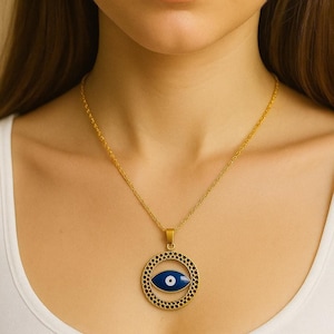 Gold Evil Eye Necklace, Blue Enamel Nazar Pendant, Boho Protection Jewelry, Turkish Evil Eye Necklace, Good Luck Charm, Gift for He