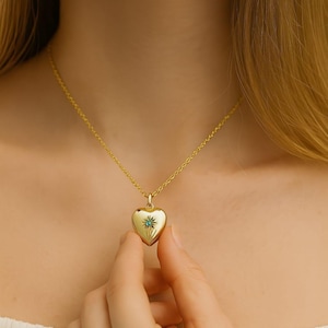 Gold Heart Locket Necklace with Blue Gemstone, Dainty Pendant Jewelry, Personalized Birthstone Necklace, Romantic Gift for Her