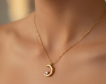 Dainty Crescent Moon Necklace, 18k Gold Plated, Crystal Accent