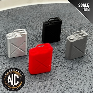 May include: Four miniature fuel cans in silver, black, red, and gray. Each can has a handle and an 'X' design on the front. The image includes the text "SCALE 1:18" and a logo with the text "NAGSCRAFT CREATIVE STUDIO".