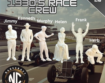Set de figuras en miniatura de 6 piezas de un equipo de carreras de la década de 1930 a escala 1/18 (piezas en blanco impresas en 3D).